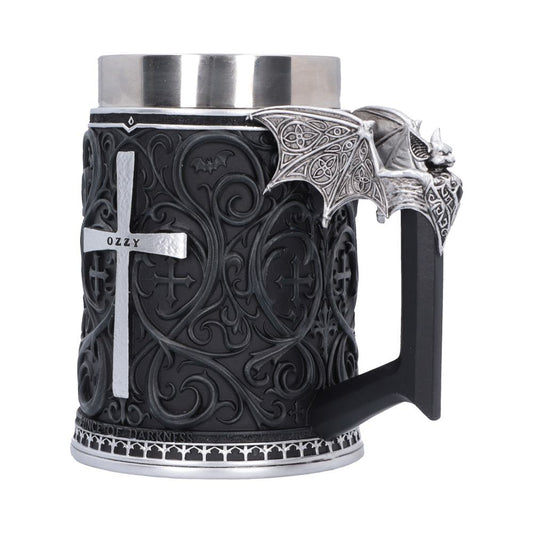 A gothic-style beer stein mug with a black embossed body, silver metallic rim, a silver cross with the name 'Ozzy' on it, and a detailed silver bat handle.