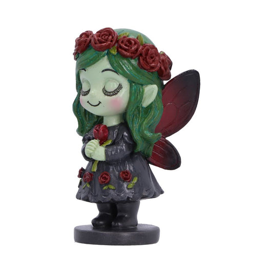 Side view of Spirit Fairy Elaria figurine with green hair, a red rose crown, and a dark gray dress decorated with red roses, standing on a round black base