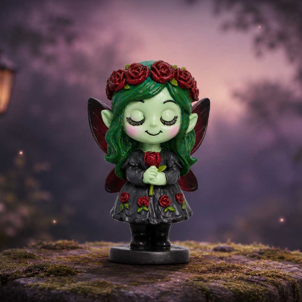 Spirit Fairy Elaria fairy figurine with closed eyes, cute green-skinned, holding a red rose, wearing a dark gray dress with red rose details, a red rose crown, and dark red wings, displayed as a gothic fairy collectible