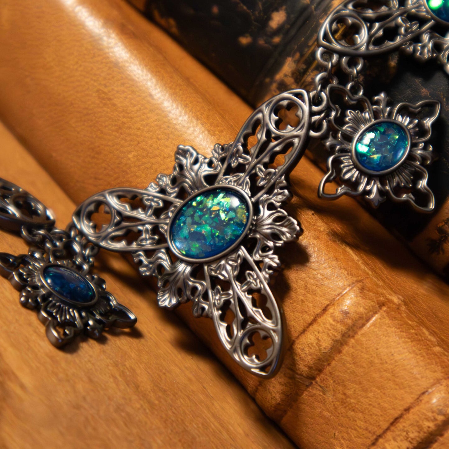 Opal necklace close-up showing iridescent stone detail