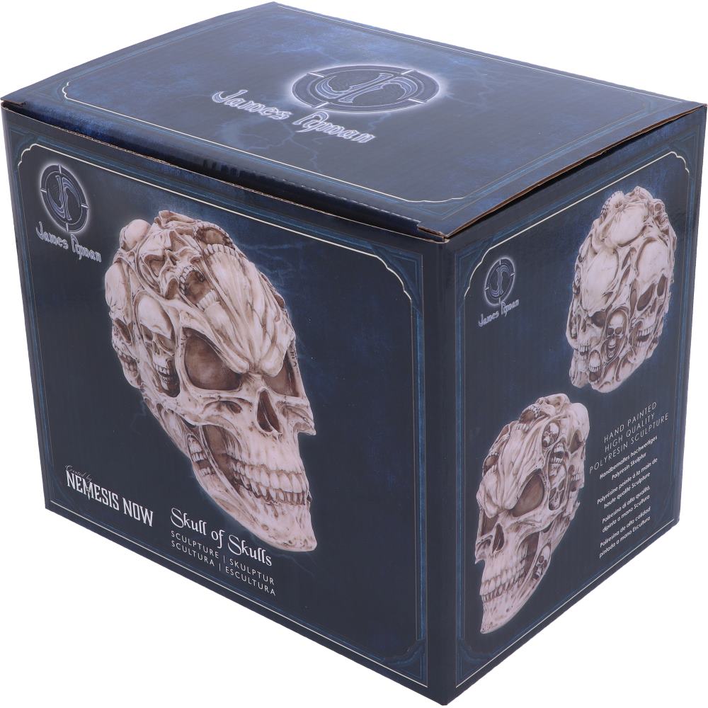 Box packaging for 'Skull of Skulls' sculpture by Nemesis Now with detailed skull design on a blue background.
