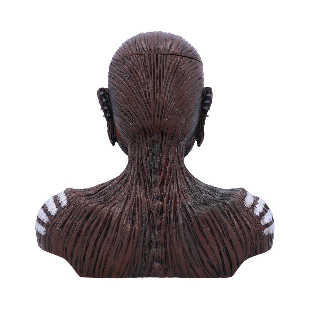 Rear view of the Official Iron Maiden The Book of Souls Bust Box showing Eddie's detailed sculpting, removable head, hidden storage compartment, and premium hand-painted resin craftsmanship.