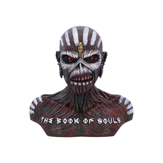 Official Iron Maiden The Book of Souls Bust Box 11cm featuring Eddie with a removable head revealing a hidden storage compartment in a premium hand-painted resin finish.
