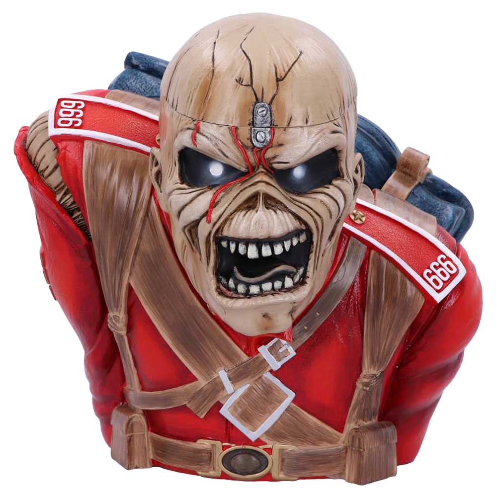 Official Iron Maiden The Trooper Bust Box 26.5cm featuring Eddie the Trooper with a removable head revealing a hidden storage compartment in a premium hand-painted resin finish.