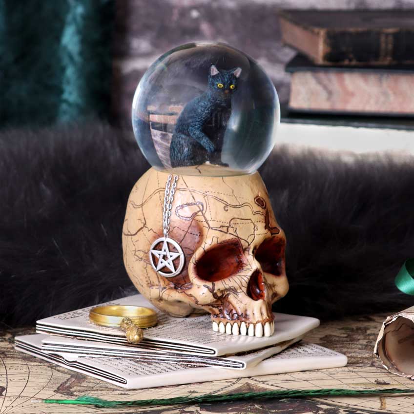 A snow globe featuring a black cat perched on a skull, with intricate designs and a stack of newspapers beneath the skull mystical collectible on display