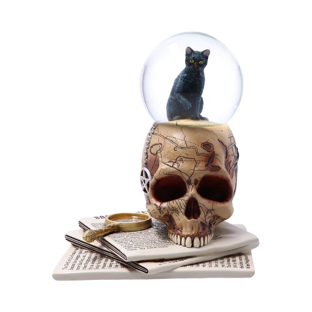 Spirits of Salem Snow Globe by Lisa Parker 25cm featuring a black witch's familiar above an aged skull with Salem-inspired map detailing.