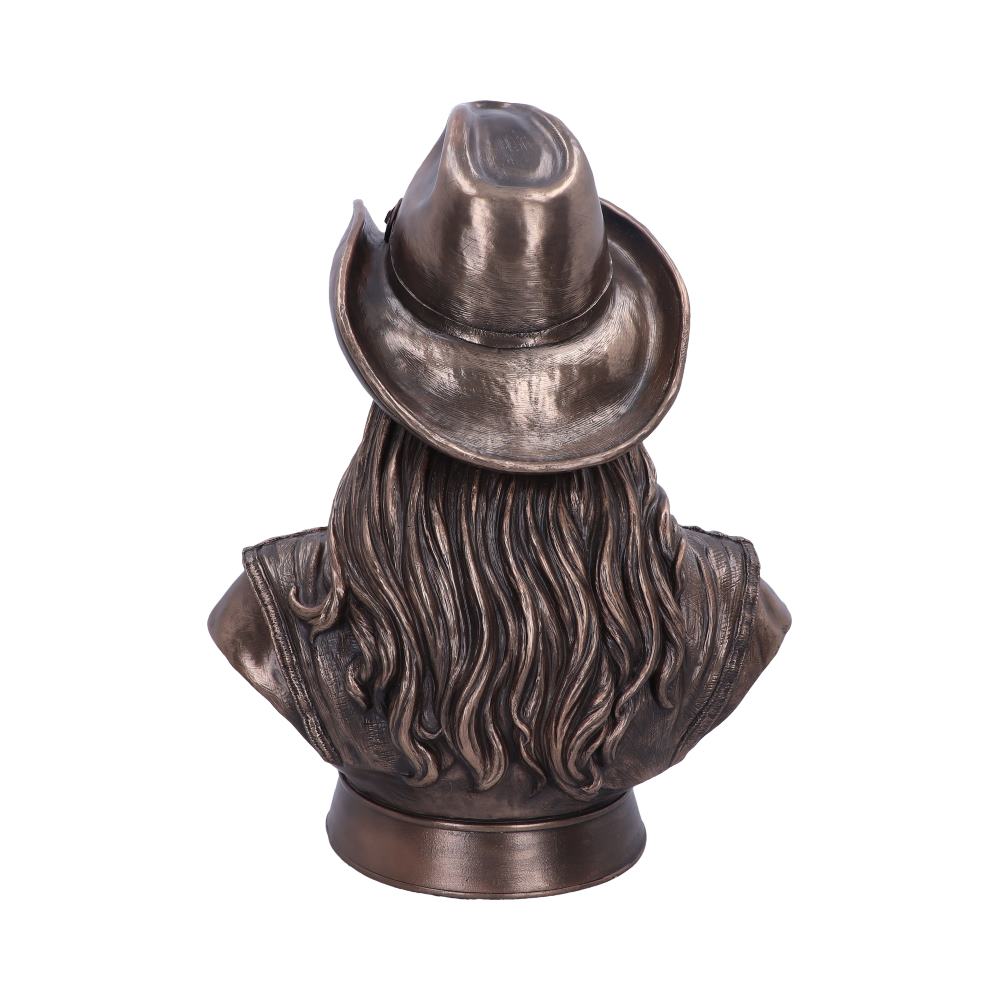 Rear view of the Official Motorhead Lemmy Bronze Bust showing the detailed hat, leather waistcoat, sculpted hair, and premium bronze-effect resin craftsmanship.