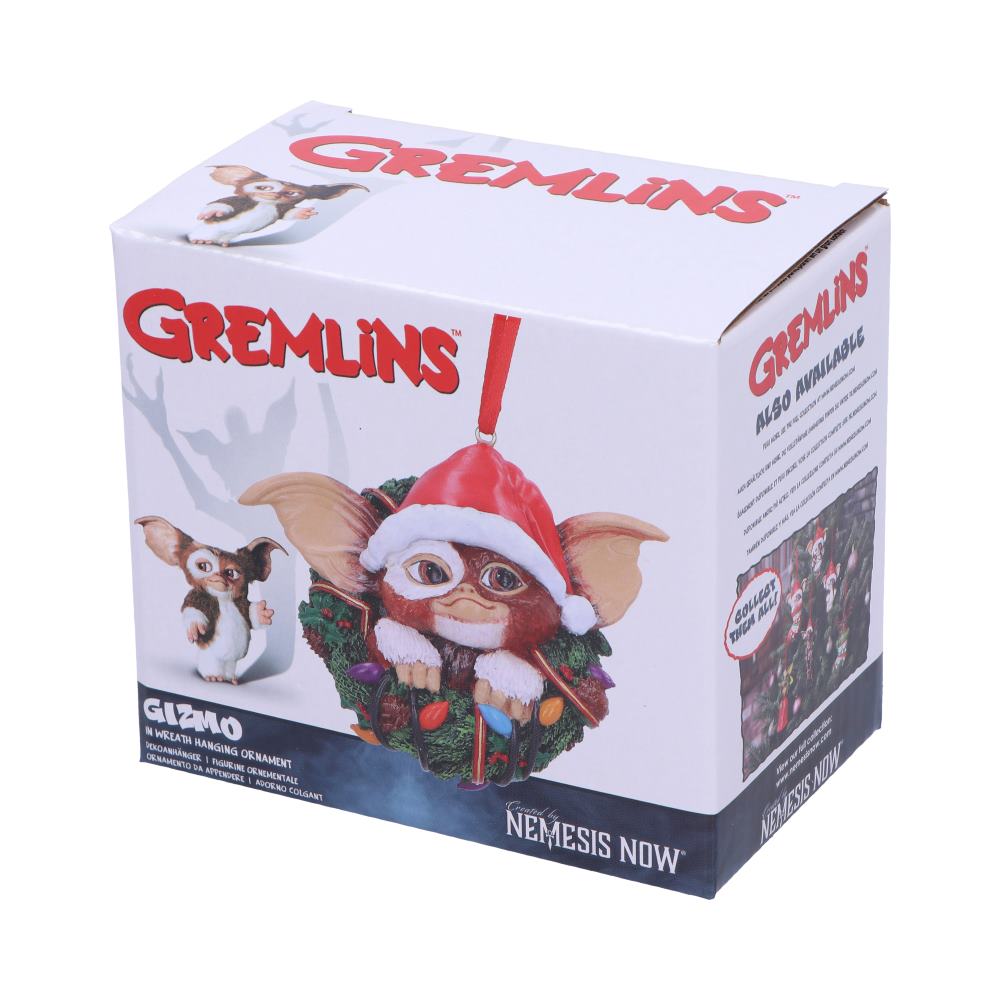 Christmas tree decoration featuring Gizmo in wreath packaging box