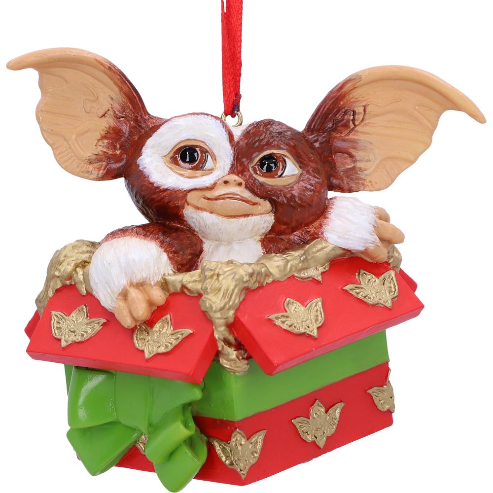 Christmas tree decoration featuring Gizmo Gizmo emerging from gift box 
