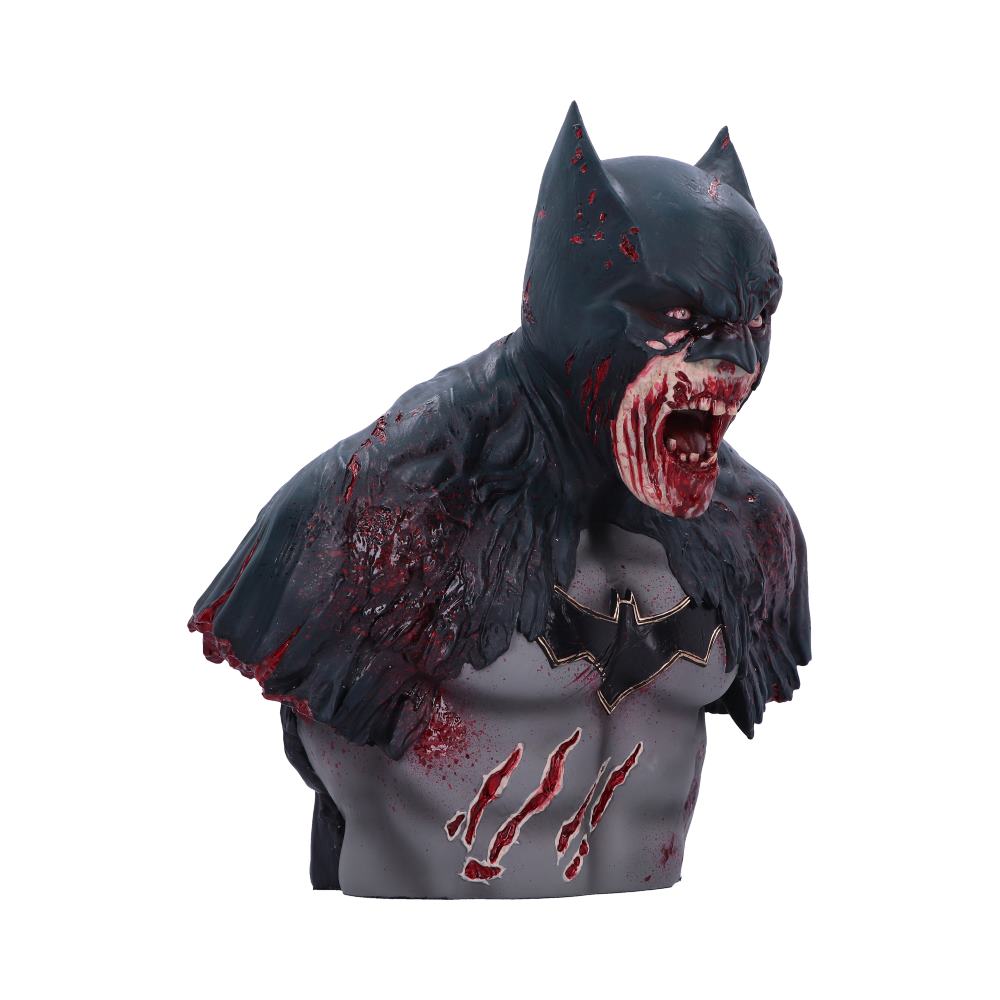 Batman DCeased Zombie Bust, 29cm size, with a depiction of bloodied and tortured character, primarily in gray and black colors with red highlights.