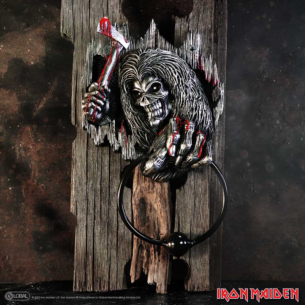Iron Maiden themed door knocker featuring the band's mascot, Eddie, in a stylized and menacing appearance on display