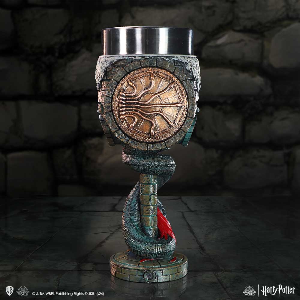 A collectible goblet featuring intricate details and a Basilisk design around the stem, resembling the iconic Chamber of Secrets from Harry Potter on display