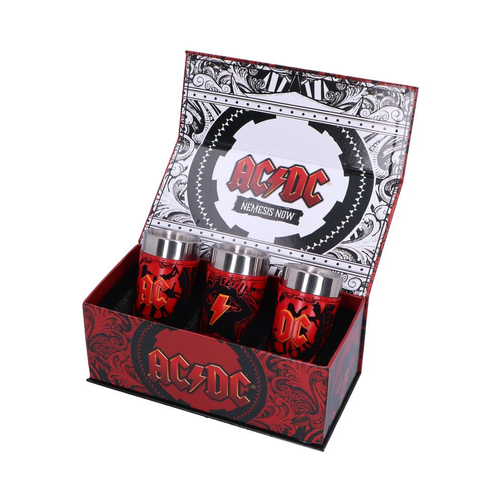 Official AC/DC gift boxed shot glass set with AC/DC-themed product packaging with cups and a decorative box on a white background