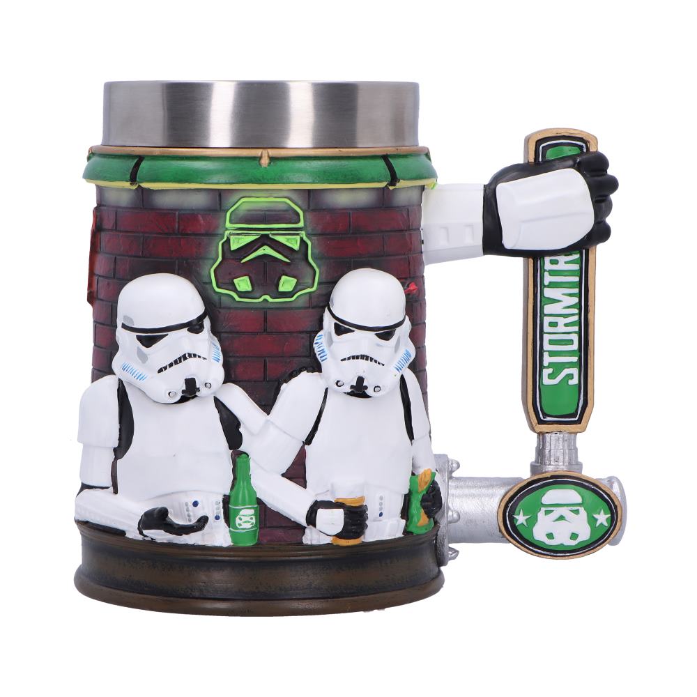 A tankard featuring two Stormtroopers from Star Wars, with a pub-themed background, including a dartboard and neon lights, and a handle resembling a beer tap.