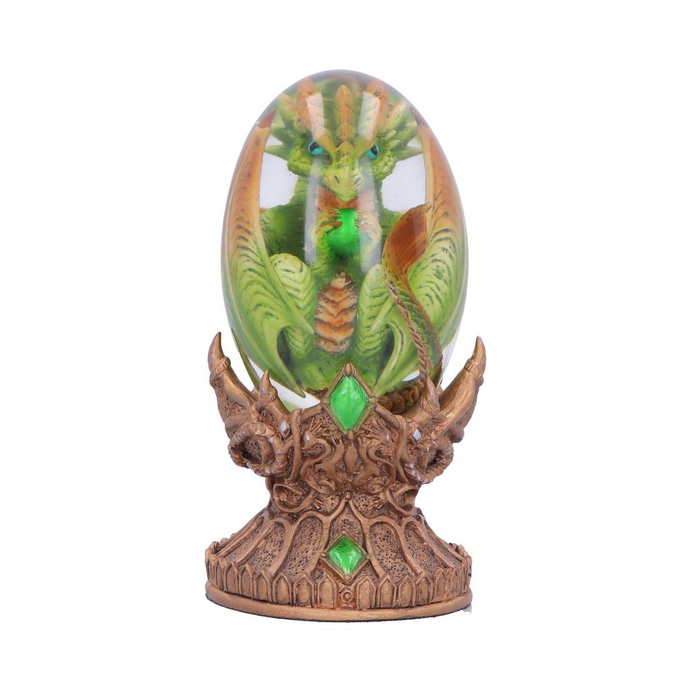 Elemental Dragonlings Earth Figurine 12cm featuring a green earth dragonling inside a removable crystal-clear egg on a green and bronze display stand.