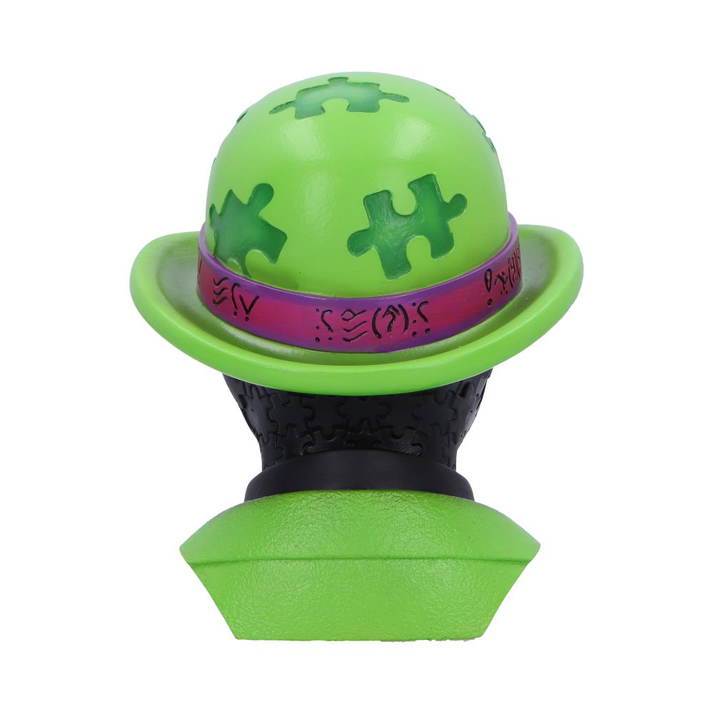 Back view of the DC The Riddler Box showing question mark detailing, sculpted hat lid, and collectible design