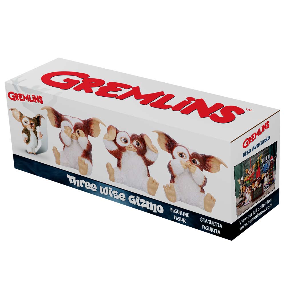 Packaging box of Gremlins Three Wise Gizmo figurine with images of Gizmo