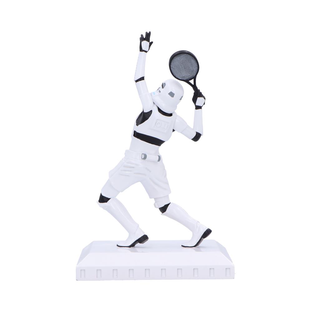 Back view of the Original Stormtrooper™ Serve It! Figurine showing armour detailing and tennis serving pose