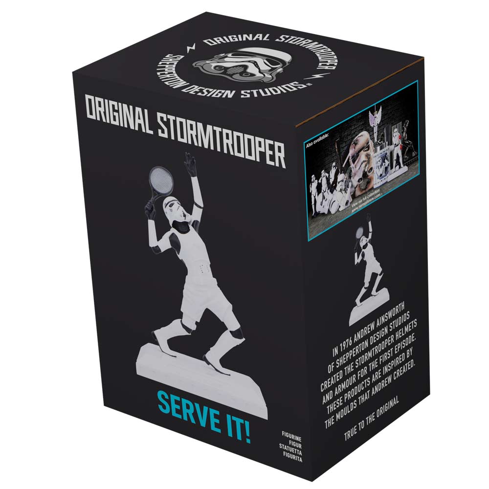 Box packaging for a 'Original Stormtrooper' figurine with branding and product details.