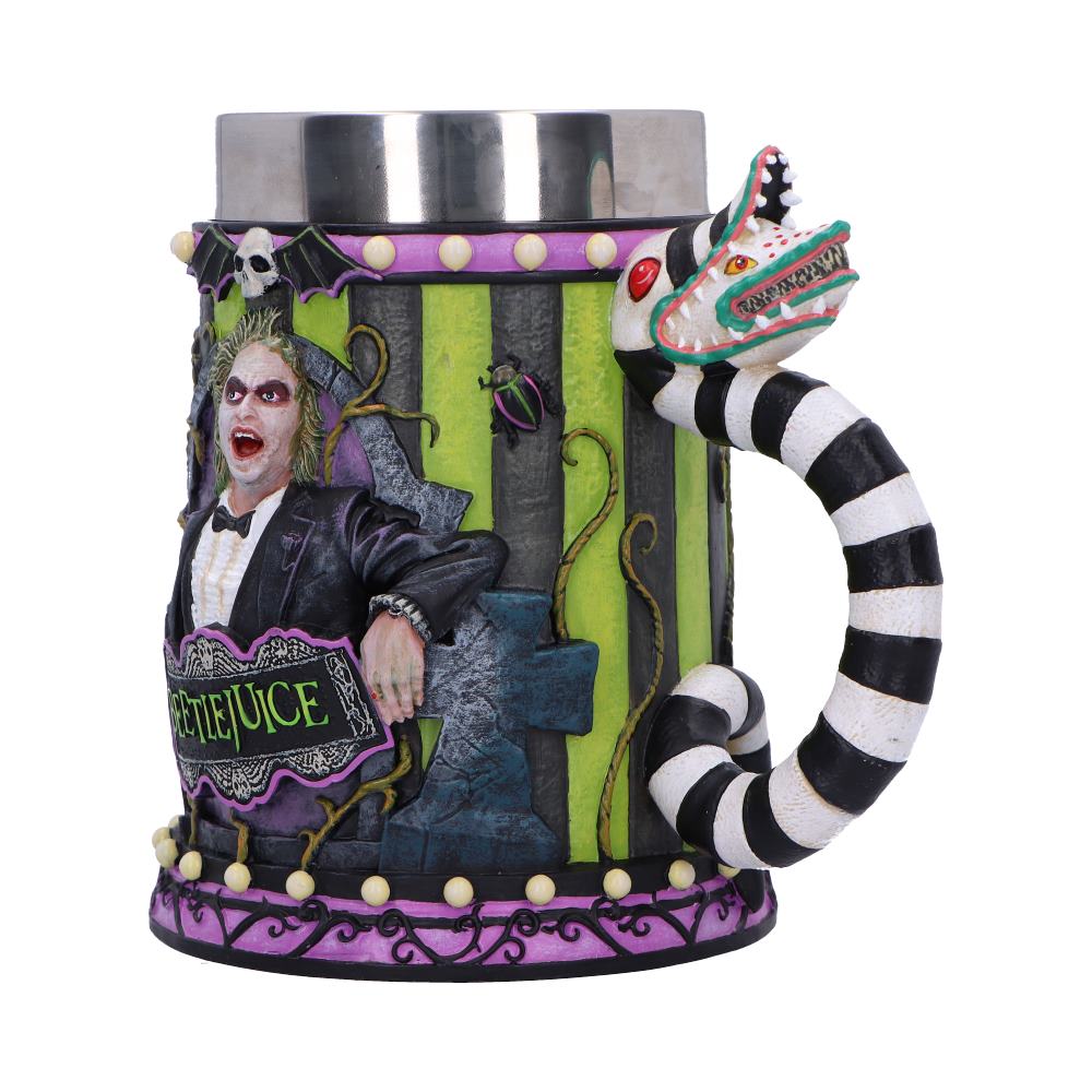 Side view of hand painted Beetlejuice tankard