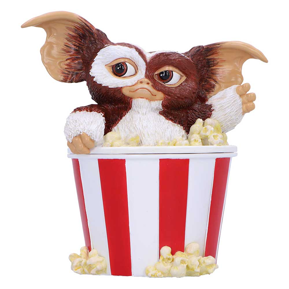 Gizmo from Gremlins with popcorn in a striped bucket