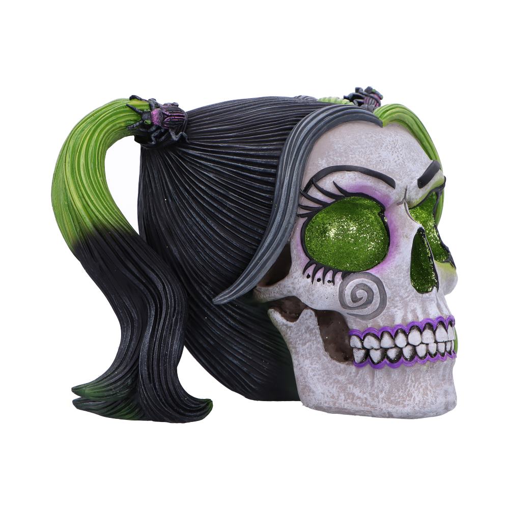 Gothic bug skull ornament figurine with green and black hair