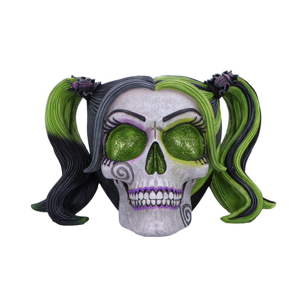 Drop Dead Gorgeous Beetles and Bugs Skull Figurine 19cm featuring a glossy black and green skull with glitter-filled eye sockets, twisted pigtails, and intricate beetle detailing in a premium hand-painted resin finish.