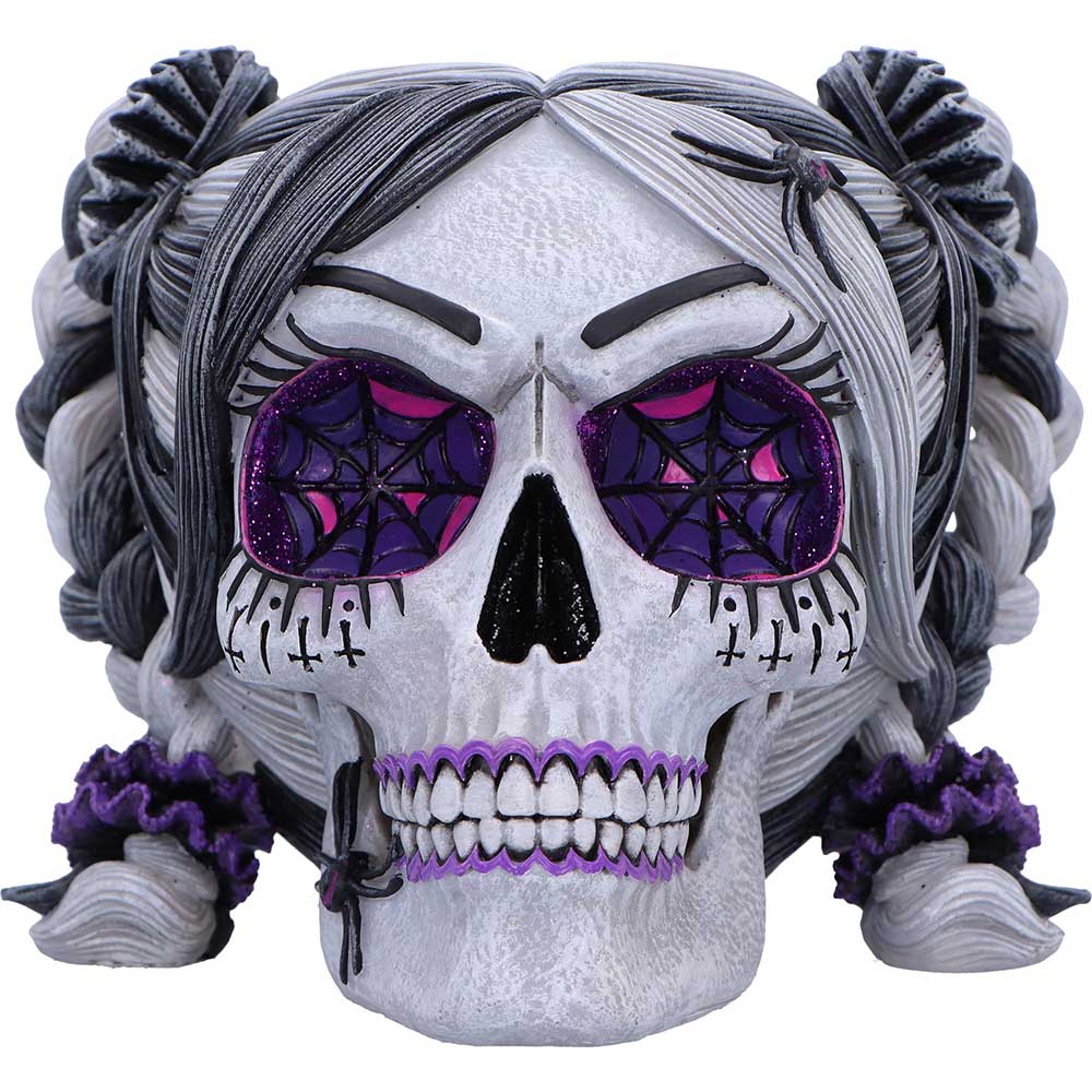 Close-up of Drop Dead Gorgeous skull glitter eyes and spiderweb design