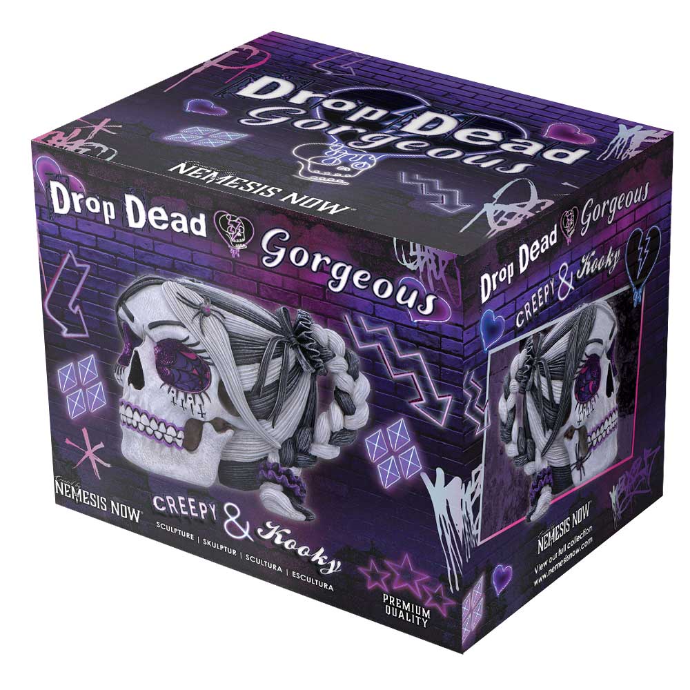 Drop Dead Gorgeous skull figurine with branded Nemesis Now gift box