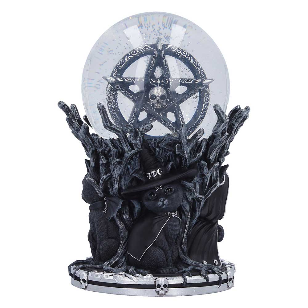 Decorative figurine with a cat in a witch hat surrounded by branches and a pentagram crystal ball