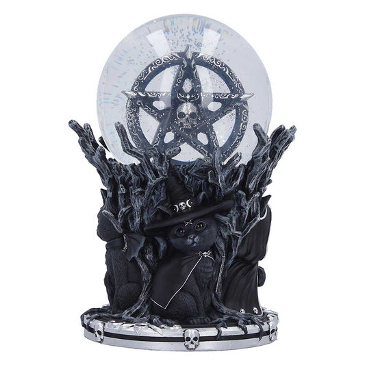 Decorative figurine with a cat in a witch hat surrounded by branches and a pentagram crystal ball