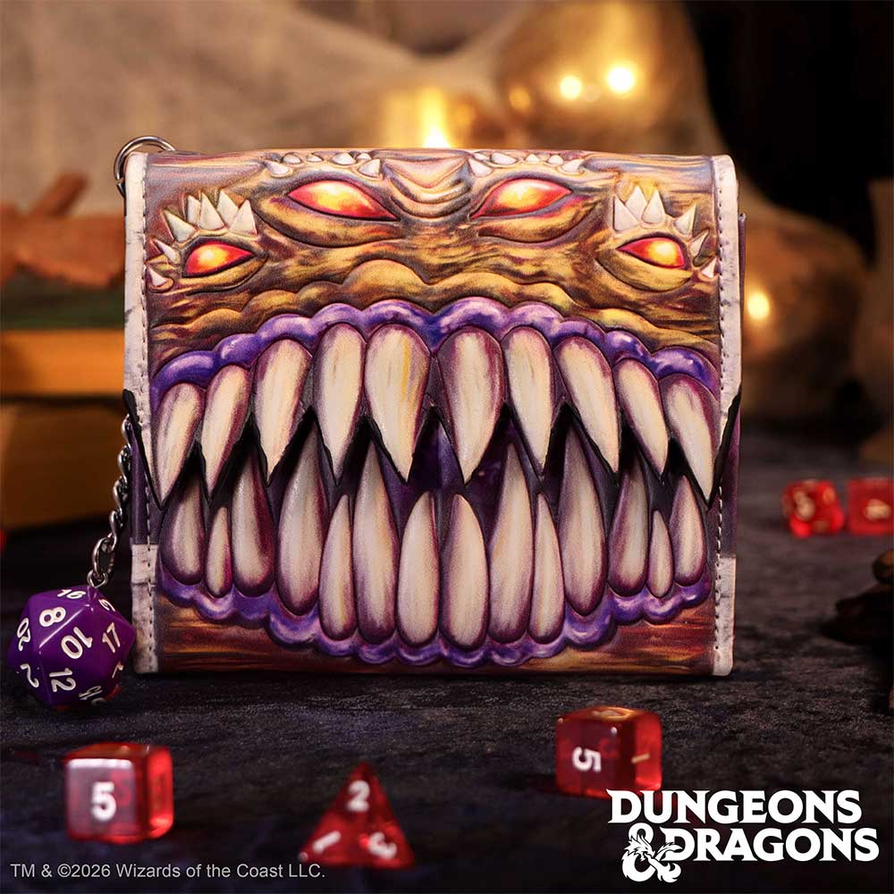 Mimic wallet with purple D20 dice charm detail