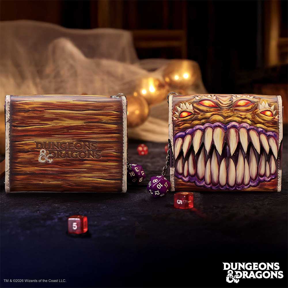 D&D Mimic wallet front and back view showing creature face detail and charm