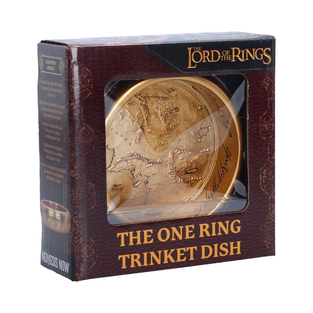The One Ring trinket dish in packaging with 'The Lord of the Rings' branding.