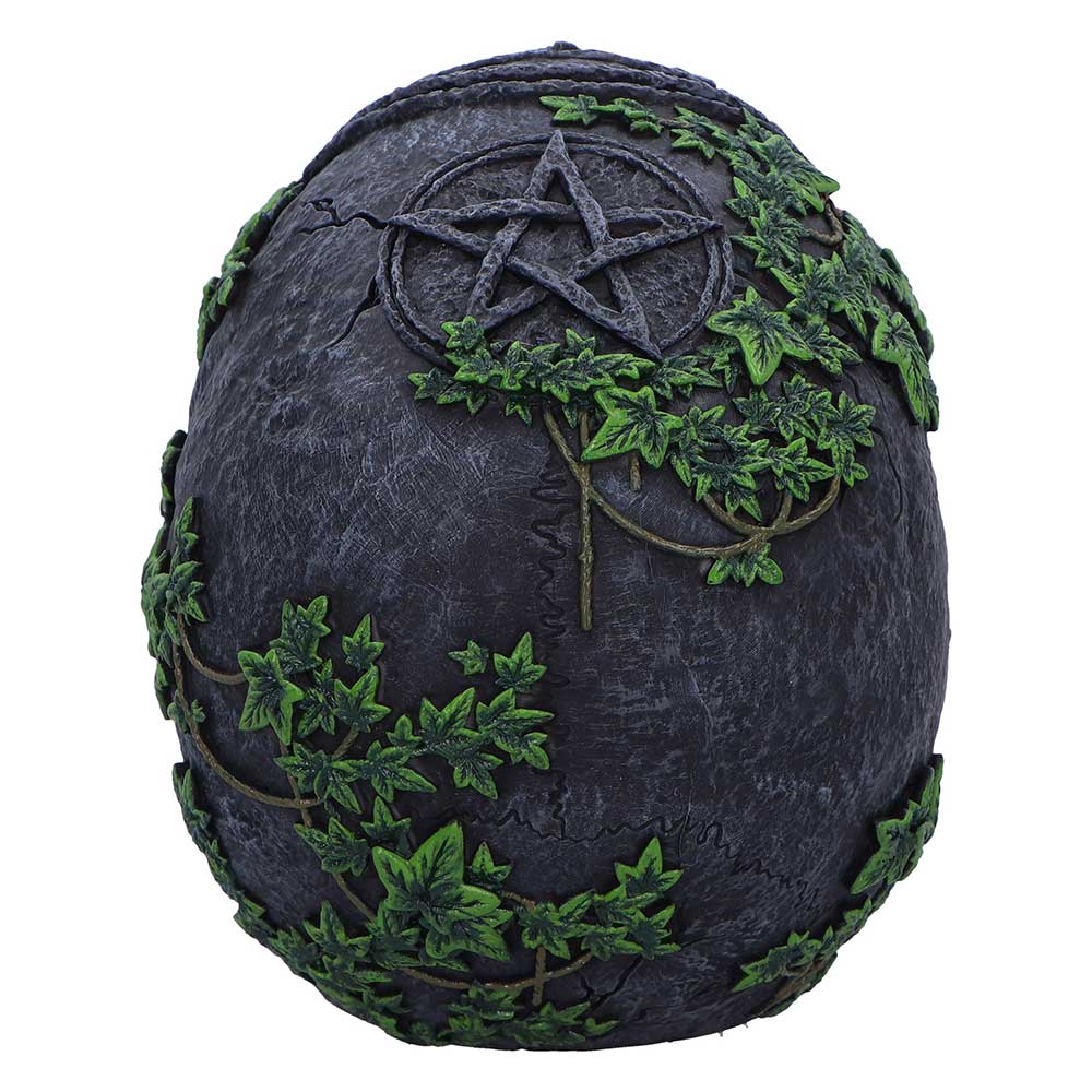 Rear view of the Aged Pentagram Skull showing its deep black aged finish and intricate overgrown vegetation details.