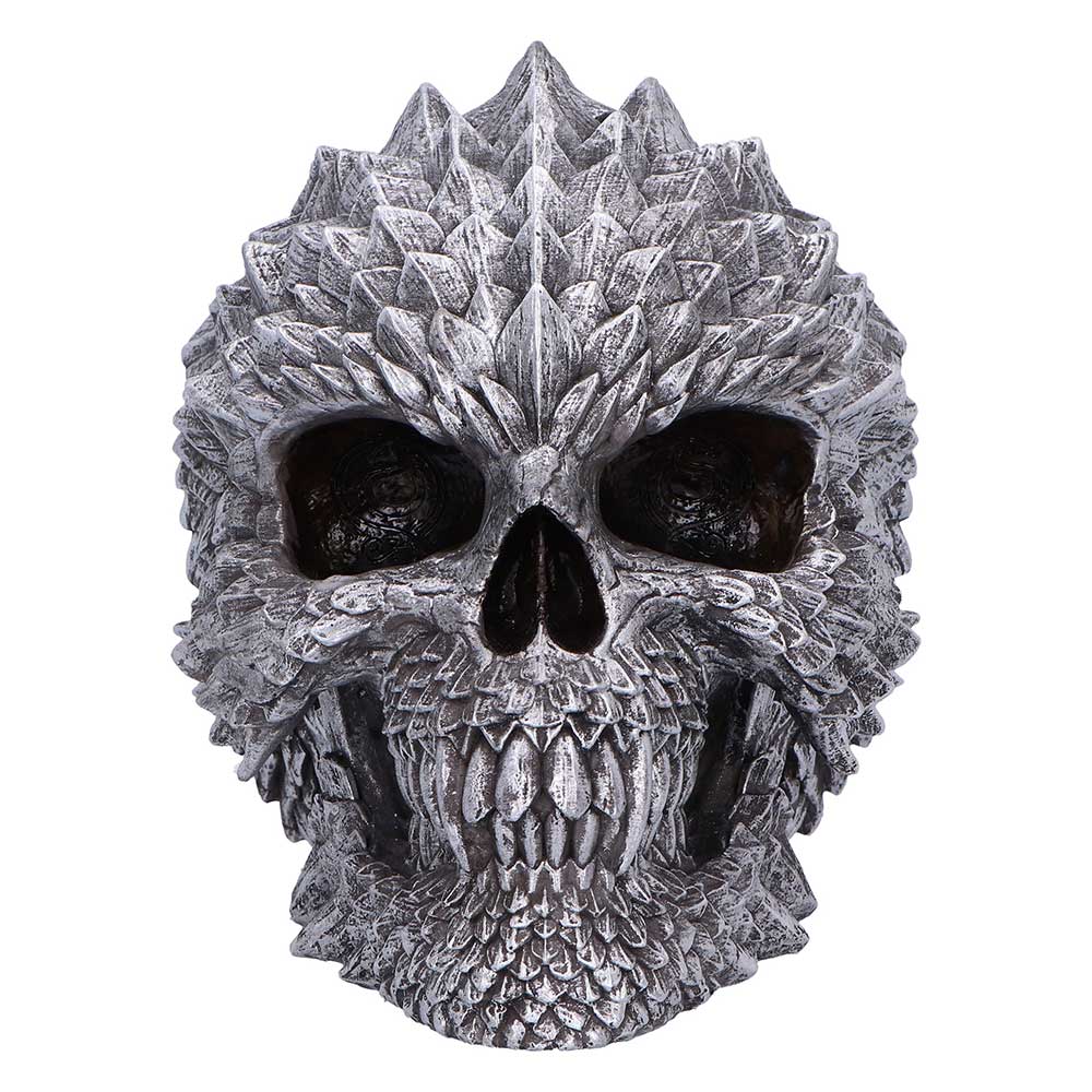 Front view of Scaled Remains dark fantasy skull figurine