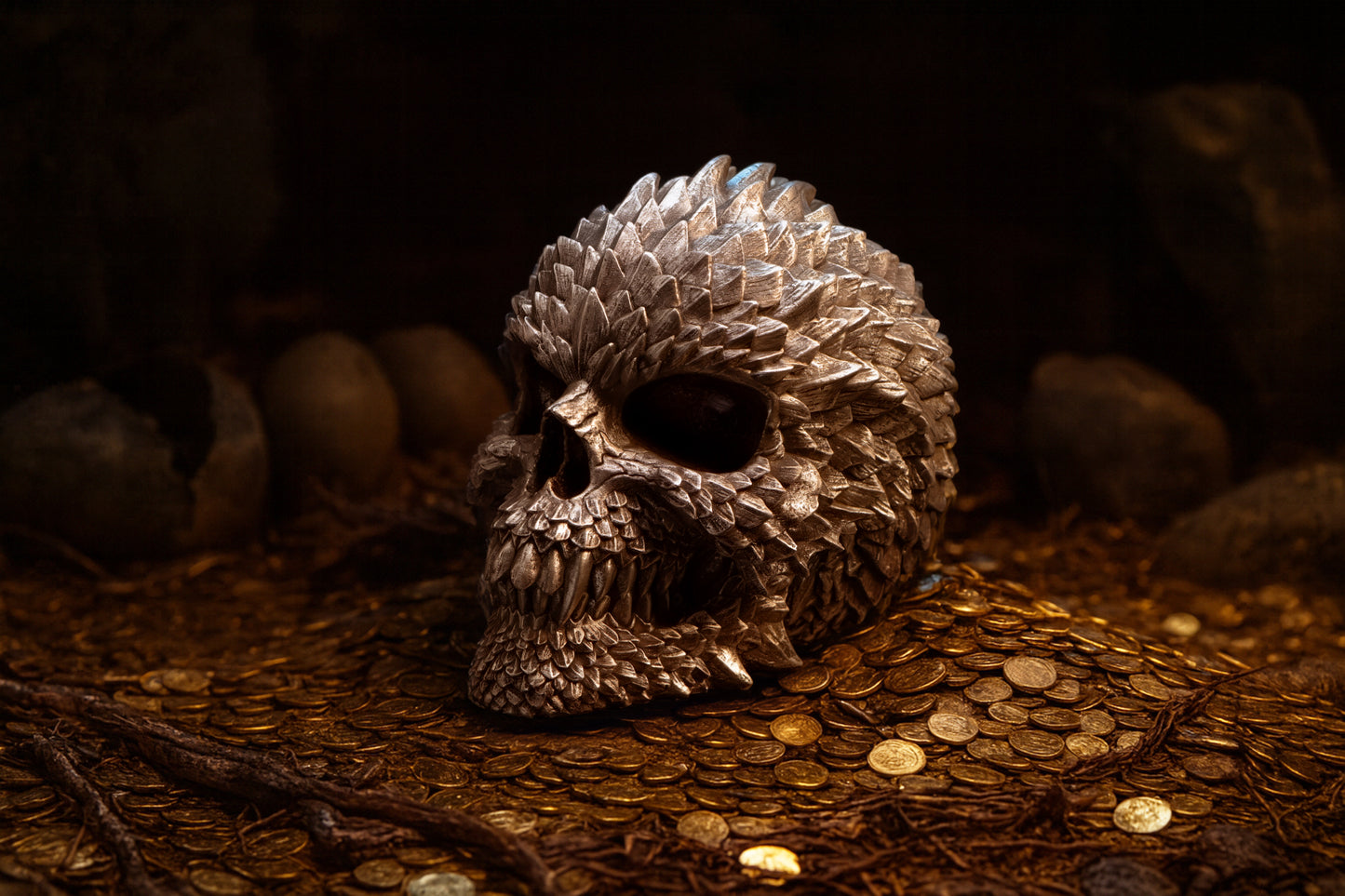 Decorative skull highlighting sculpted dragon scale texture on skull