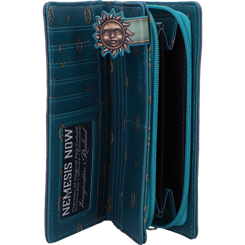 Blue purse with sun design and 'Nemesis Now' branding