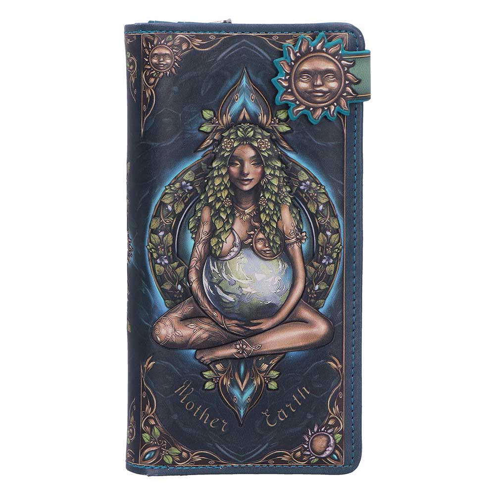 Decorative purse with an illustration of a woman holding a globe and 'Mother Earth' text on a blue background.