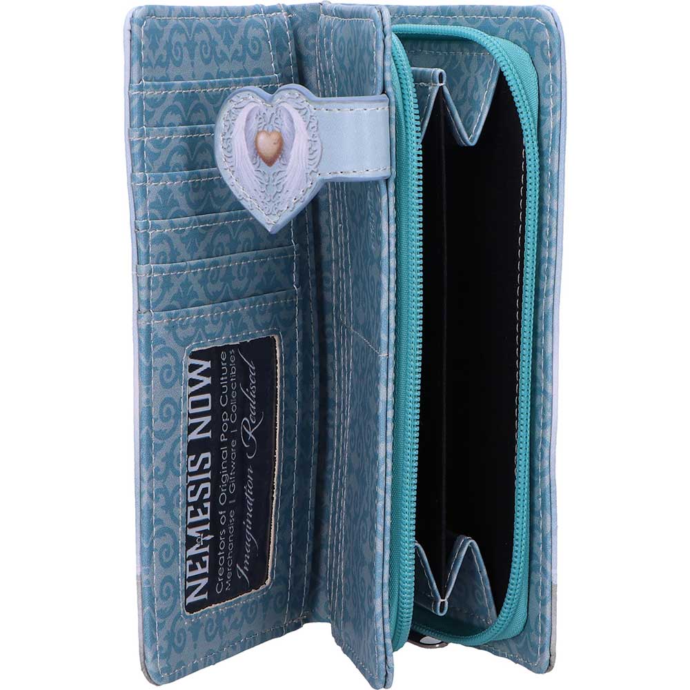 Blue textured wallet with a heart-shaped tag and Nemesis Now branding