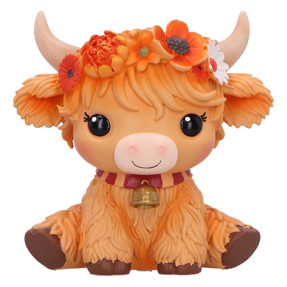 Orange cow with a flower crown and bell