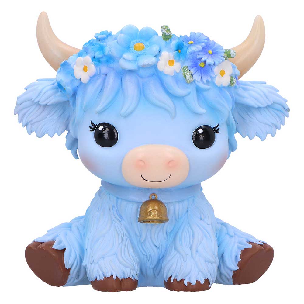 Blue cow with horns and a bell, wearing a flower crown