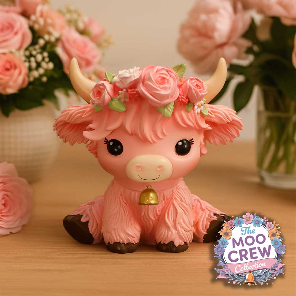 Pink cow figurine with floral crown and bell with 'The Moo Crew' collection logo.