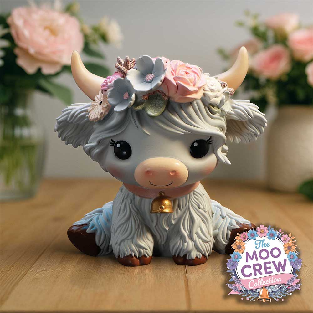 Cute cow figurine with floral crown with 'The Moo Crew' collection logo.