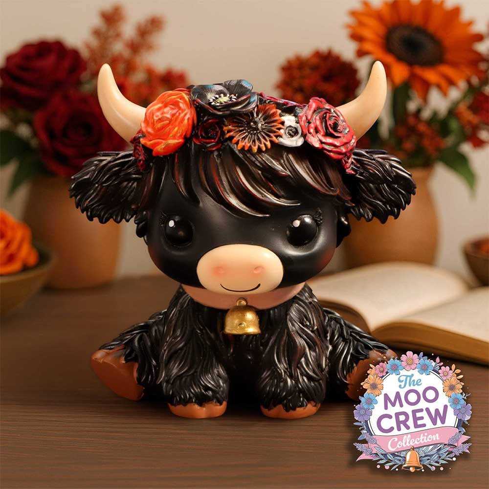 Cute figurine of a black cow with decorative headpiece, featuring 'The Moo Crew' collection logo.