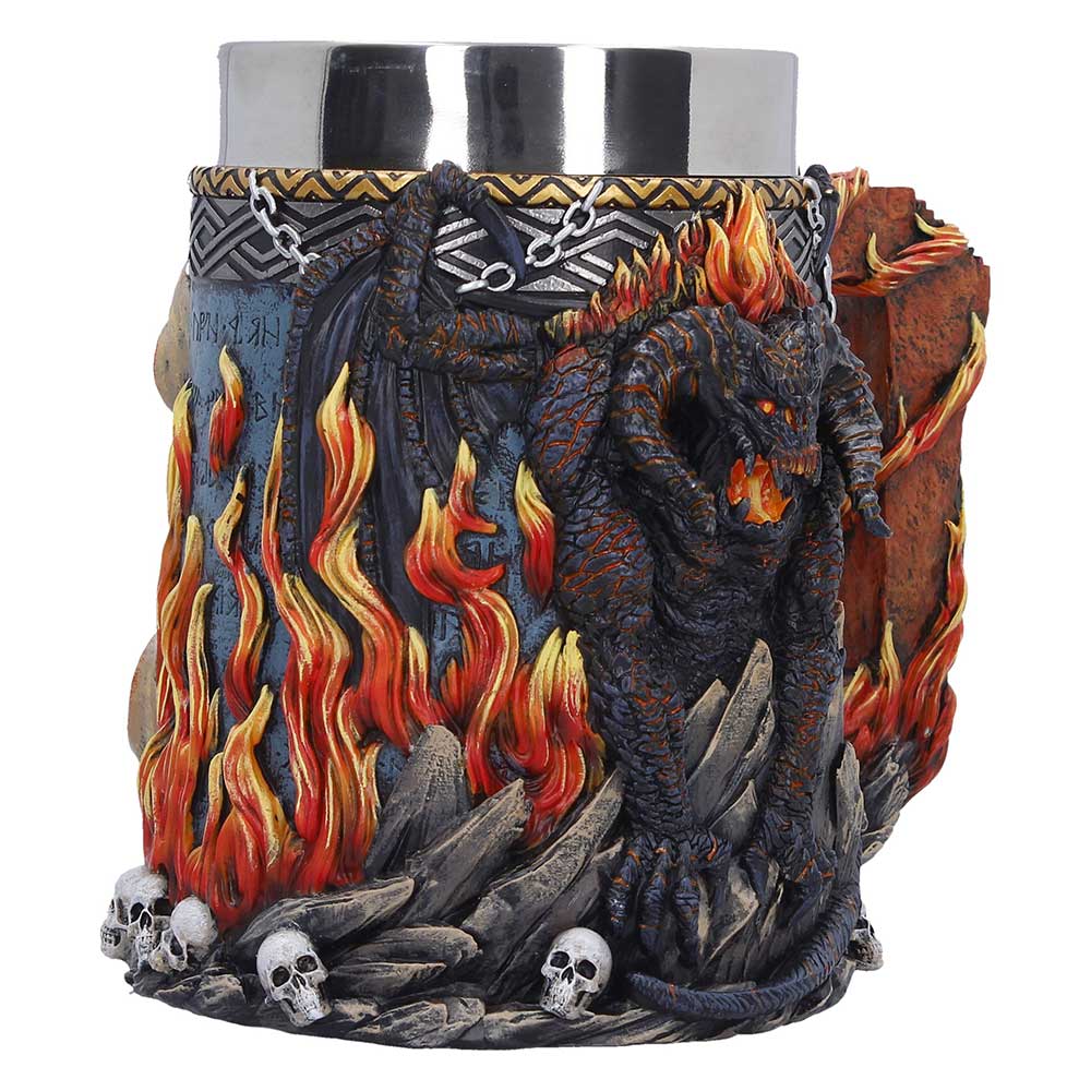 Fantasy tankard side view showing flame and skull detail