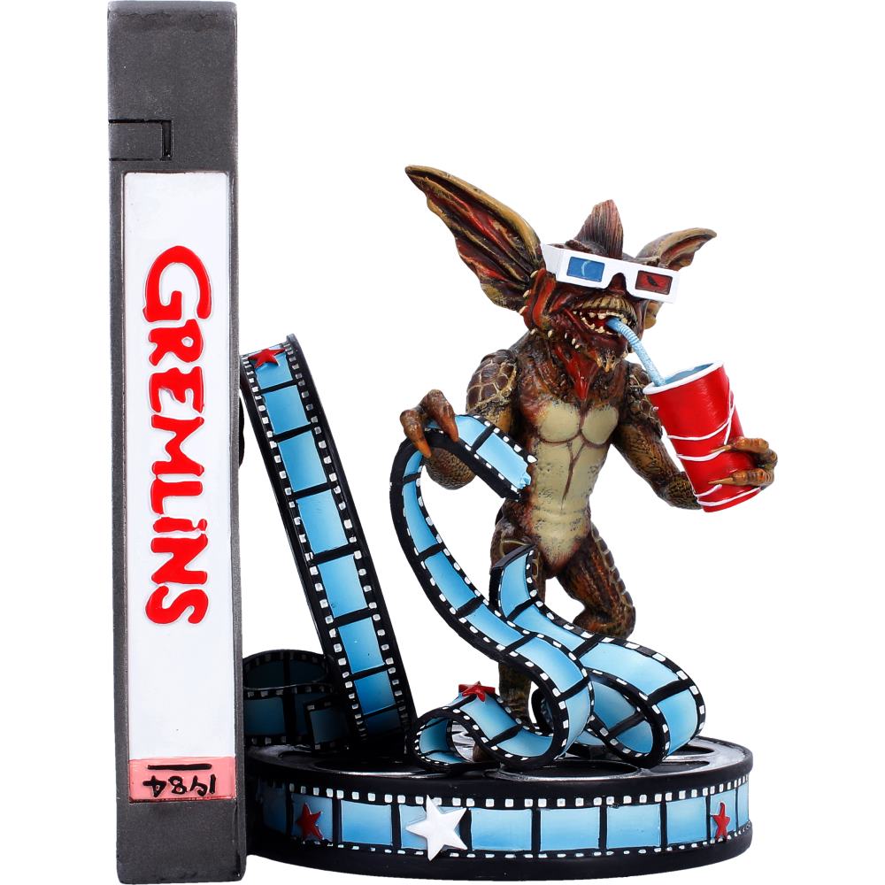 Gremlin bookend with 3D glasses and soft drink