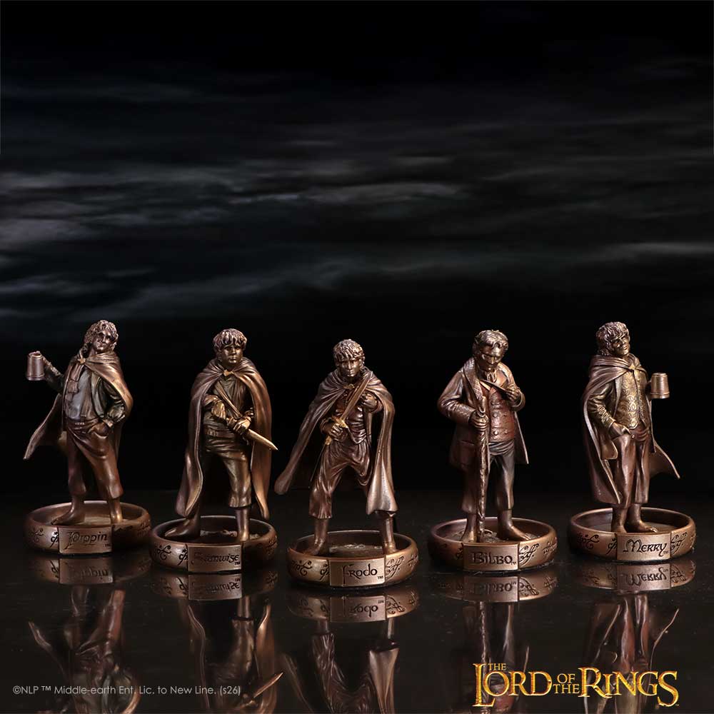 Frodo, Sam, Bilbo, Merry and Pippin collectible figures on display