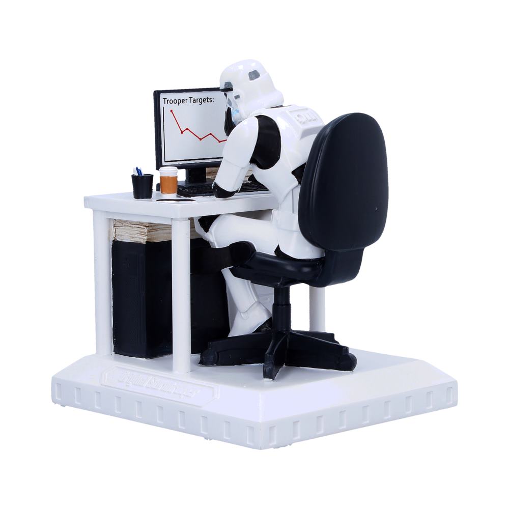 Back view of the Original Stormtrooper Slave to the Wage Figurine showing the office chair, desk details, and hand-painted resin finish.