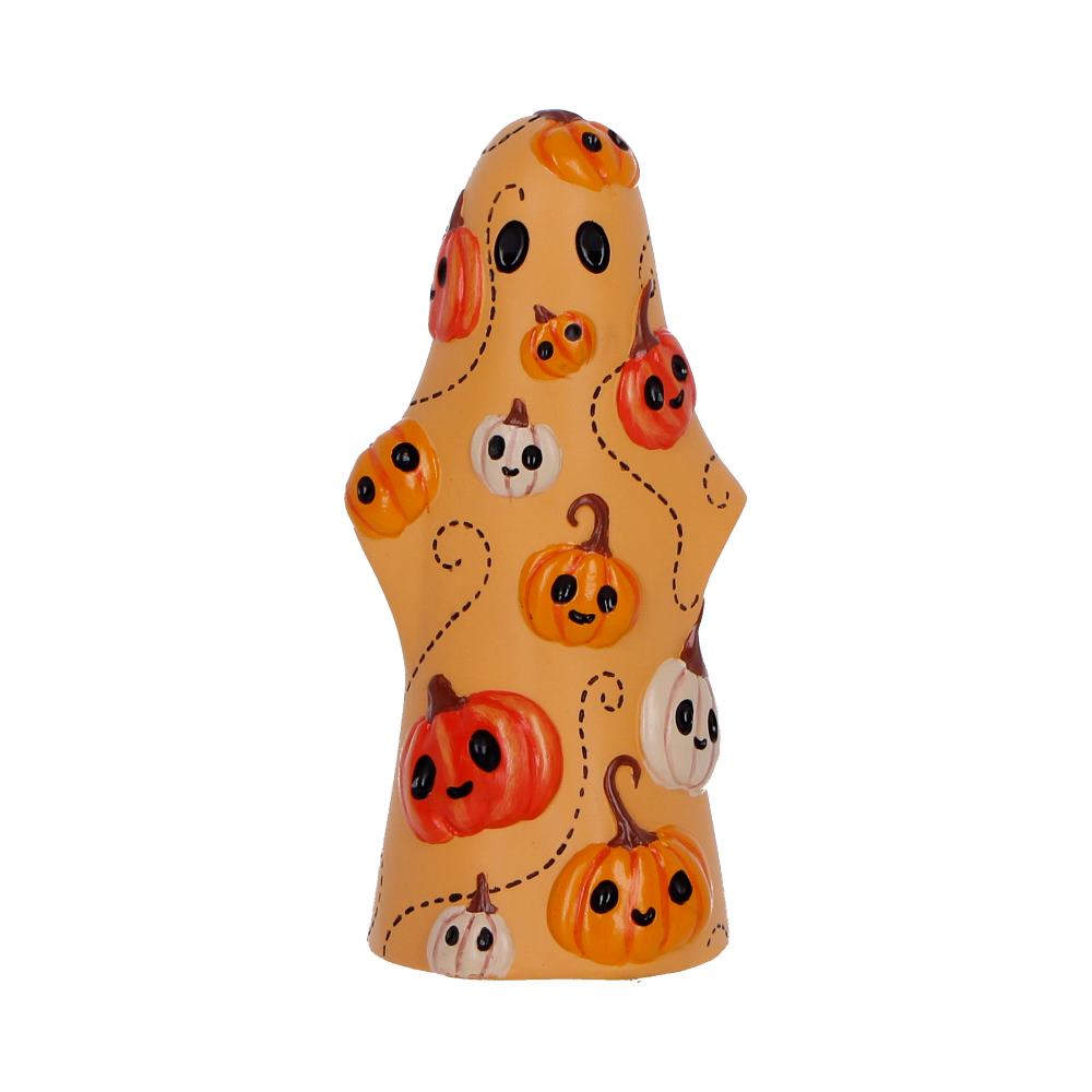 Boo-Who? Herbert 13.5cm cute Halloween ghost figurine covered in cheerful pumpkins with sweet expressions.
